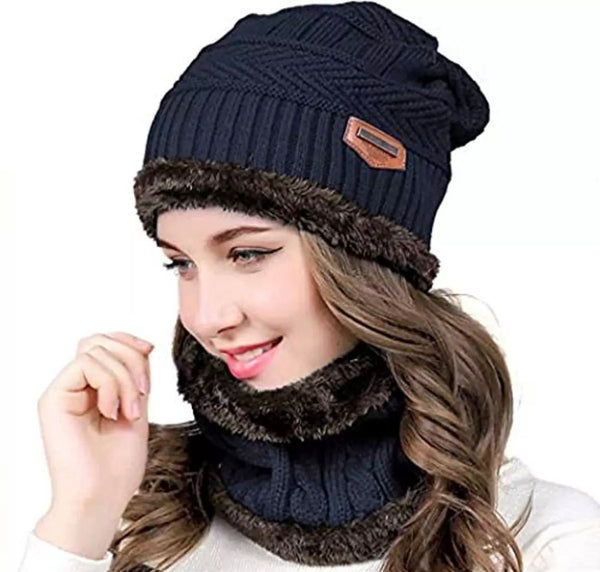 Beanie Wool Cap With Neck Warmer Full Set-2Pcs