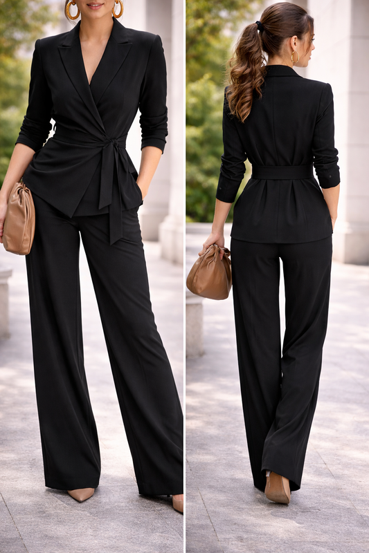 Conjunto Elegante de Blazer con Cinturón y Pantalón Wide Leg